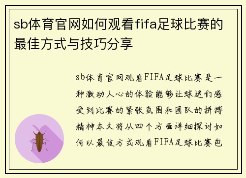 sb体育官网如何观看fifa足球比赛的最佳方式与技巧分享