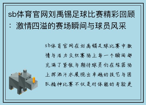 sb体育官网刘禹锡足球比赛精彩回顾：激情四溢的赛场瞬间与球员风采