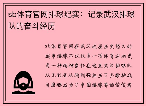 sb体育官网排球纪实：记录武汉排球队的奋斗经历